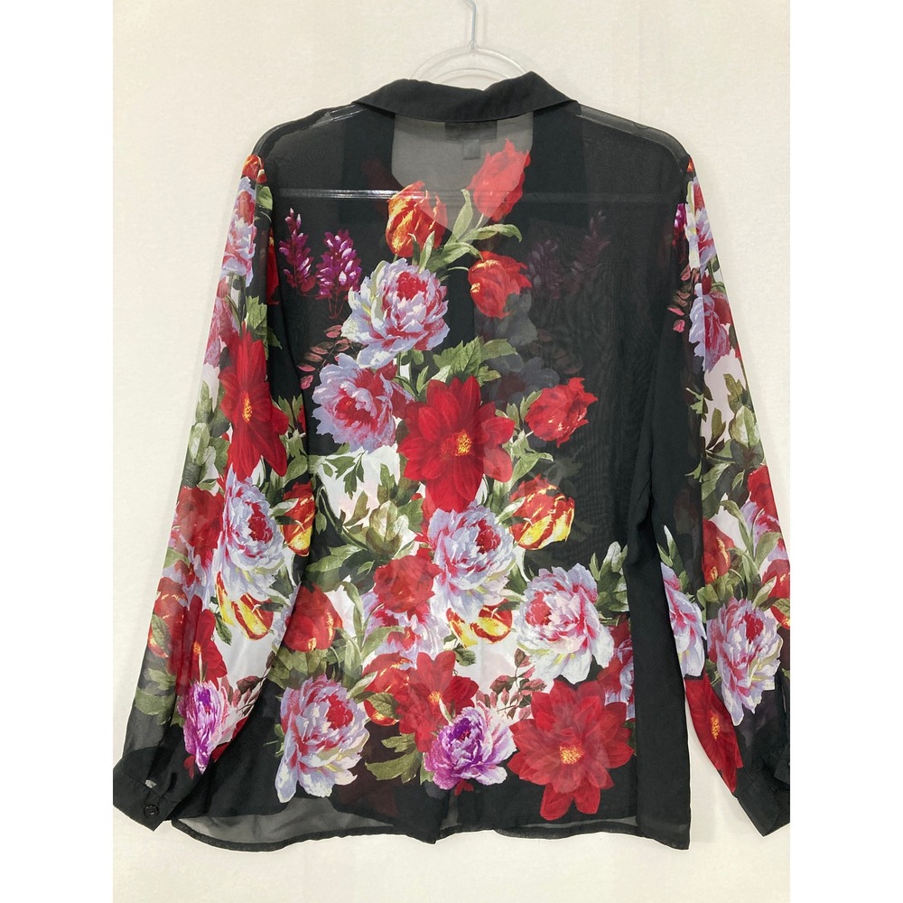 Dressbarn Blouse XL Black Floral Sheer Button Down Long Sleeve Top Feminine - Picture 8 of 9